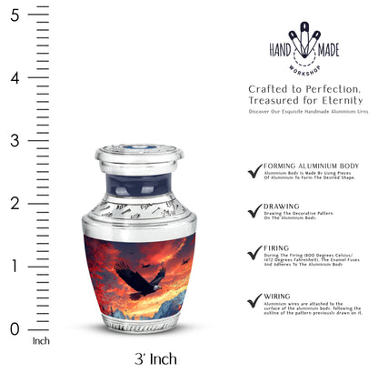 Royal Blue Eagle Cremation Urn top-down view of secure threaded lid - artistic eagle interpretation with creative detail - mini keepsake memorial for portion of cremation ashes