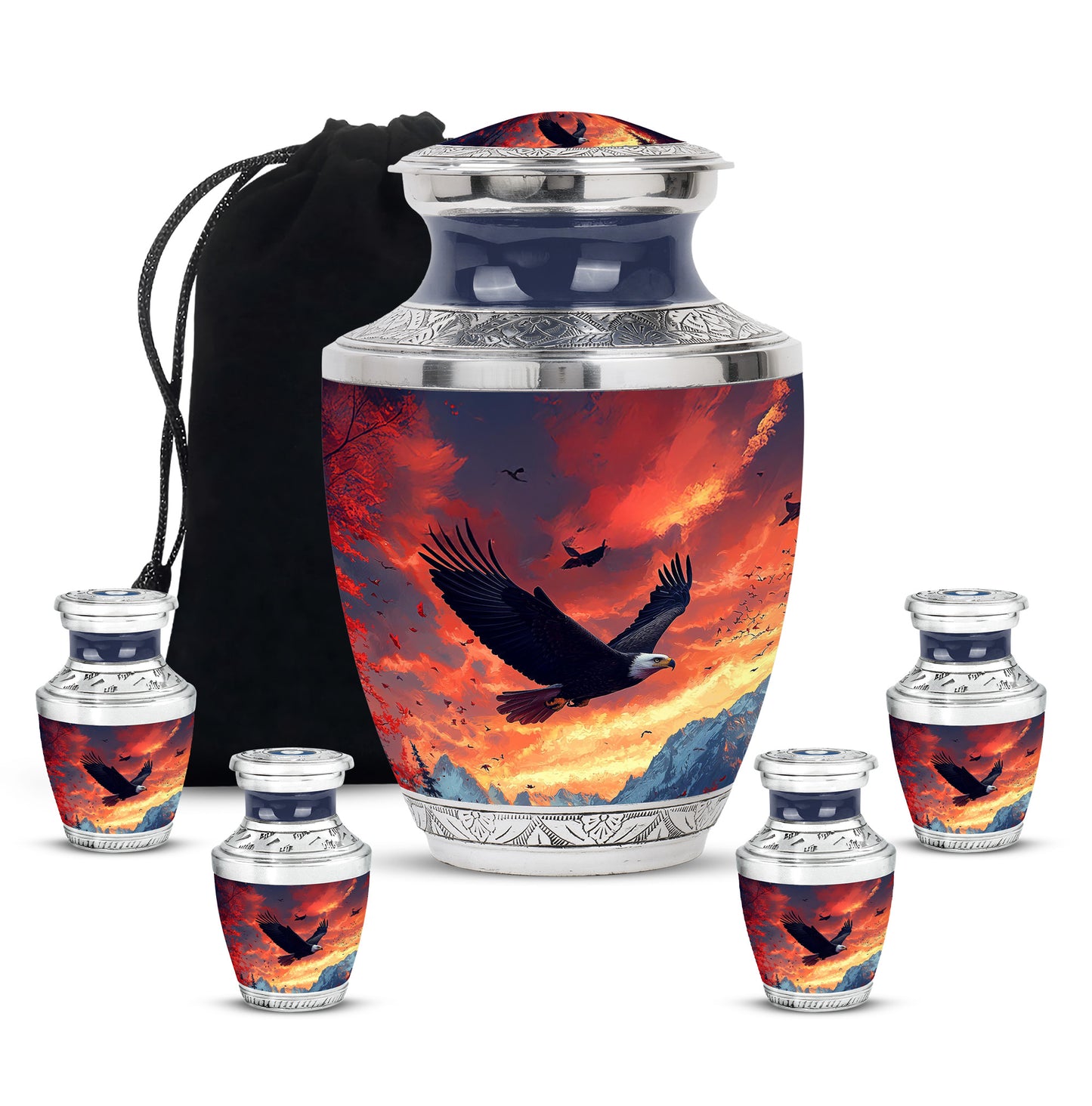 Celestial Blue Eagle Cremation Urn lifestyle display on memorial shelf - contemporary eagle design with modern artistic flair - memorial set with one large and four small urns