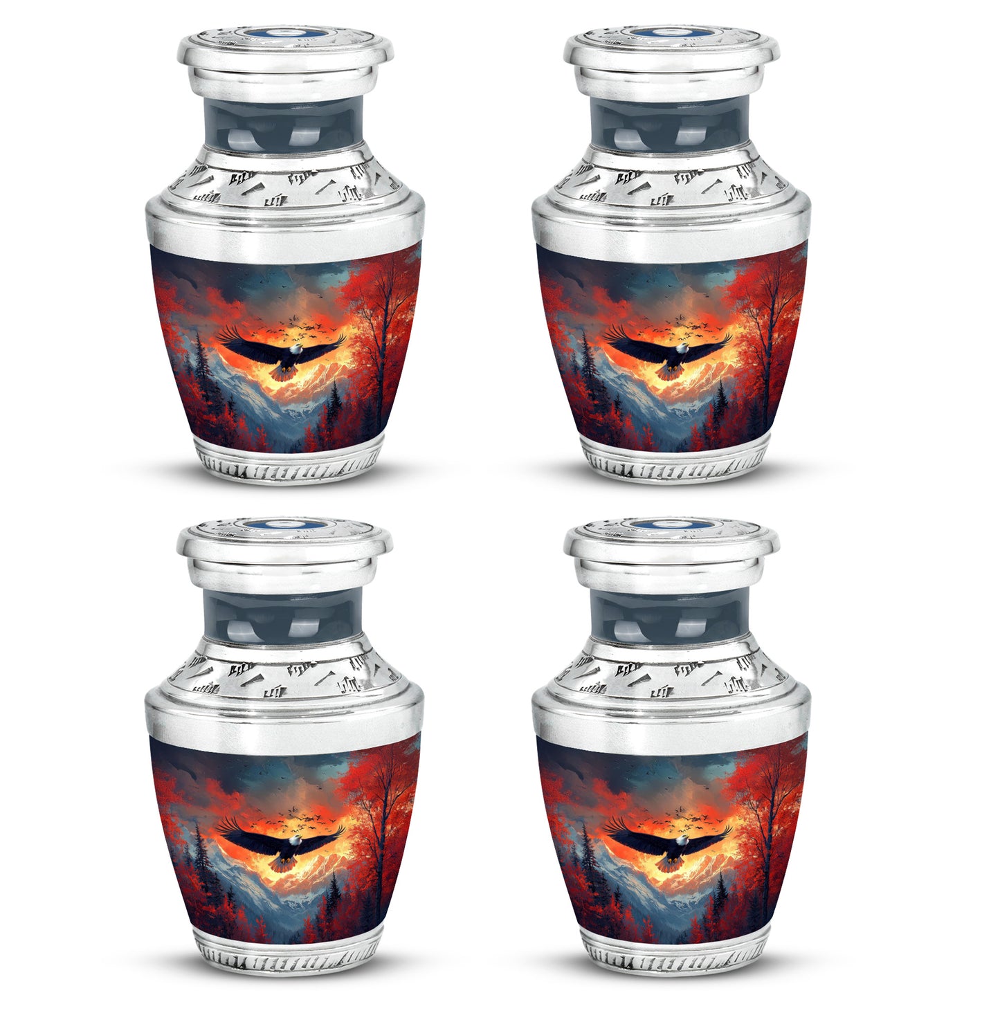 Dusty Blue Eagle Cremation Urn back view with polished surface - modern art-inspired eagle motif on sleek aluminum - 10 inch aluminum urn for cremated remains