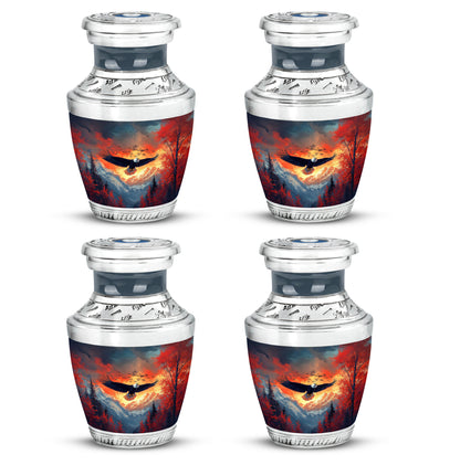 Dusty Blue Eagle Cremation Urn back view with polished surface - modern art-inspired eagle motif on sleek aluminum - 10 inch aluminum urn for cremated remains