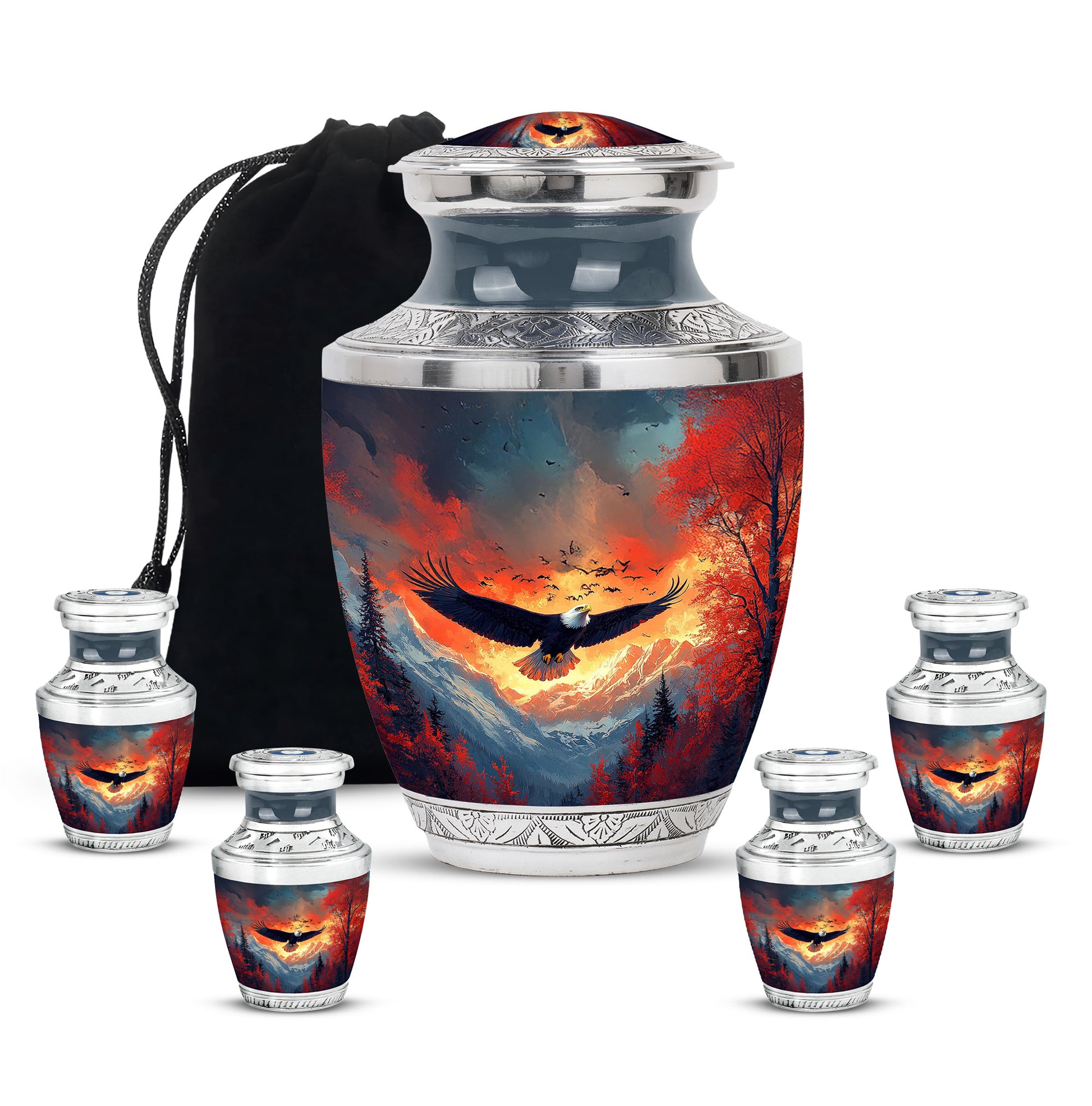 Powder Blue Eagle Cremation Urn lifestyle display on memorial shelf - contemporary eagle design with modern artistic flair - memorial set with one large and four small urns