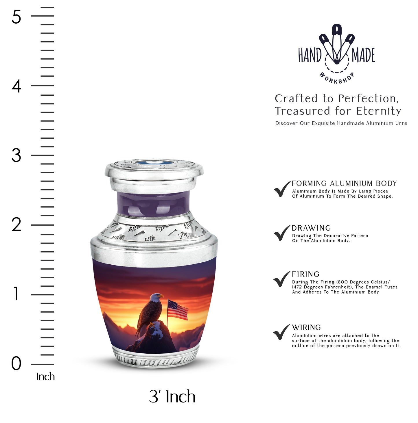Deep Red Eagle Cremation Urn top-down view of secure threaded lid - modern art-inspired eagle motif on sleek aluminum - mini keepsake memorial for portion of cremation ashes