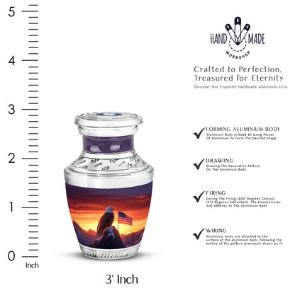 Deep Red Eagle Cremation Urn top-down view of secure threaded lid - modern art-inspired eagle motif on sleek aluminum - mini keepsake memorial for portion of cremation ashes