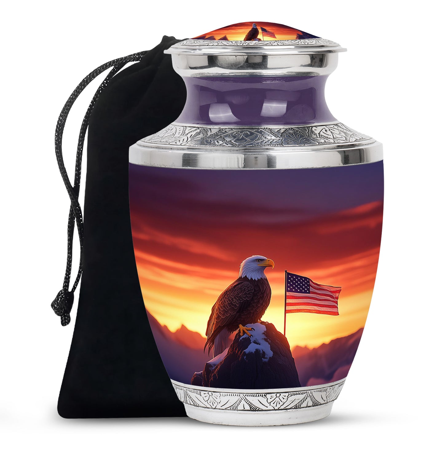 Deep Red Eagle Cremation Urn side profile showing urn shape - contemporary eagle design with modern artistic flair - full-size 10 inch 200 cubic inch adult cremation urn
