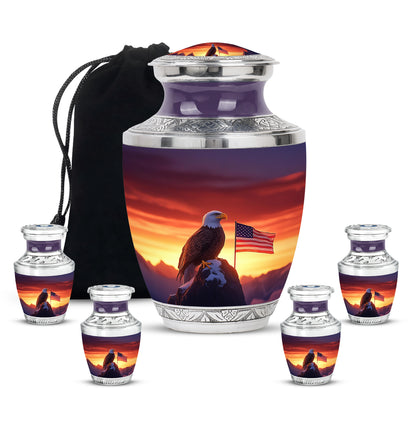 Garnet Red Eagle Cremation Urn lifestyle display on memorial shelf - contemporary eagle design with modern artistic flair - memorial set with one large and four small urns