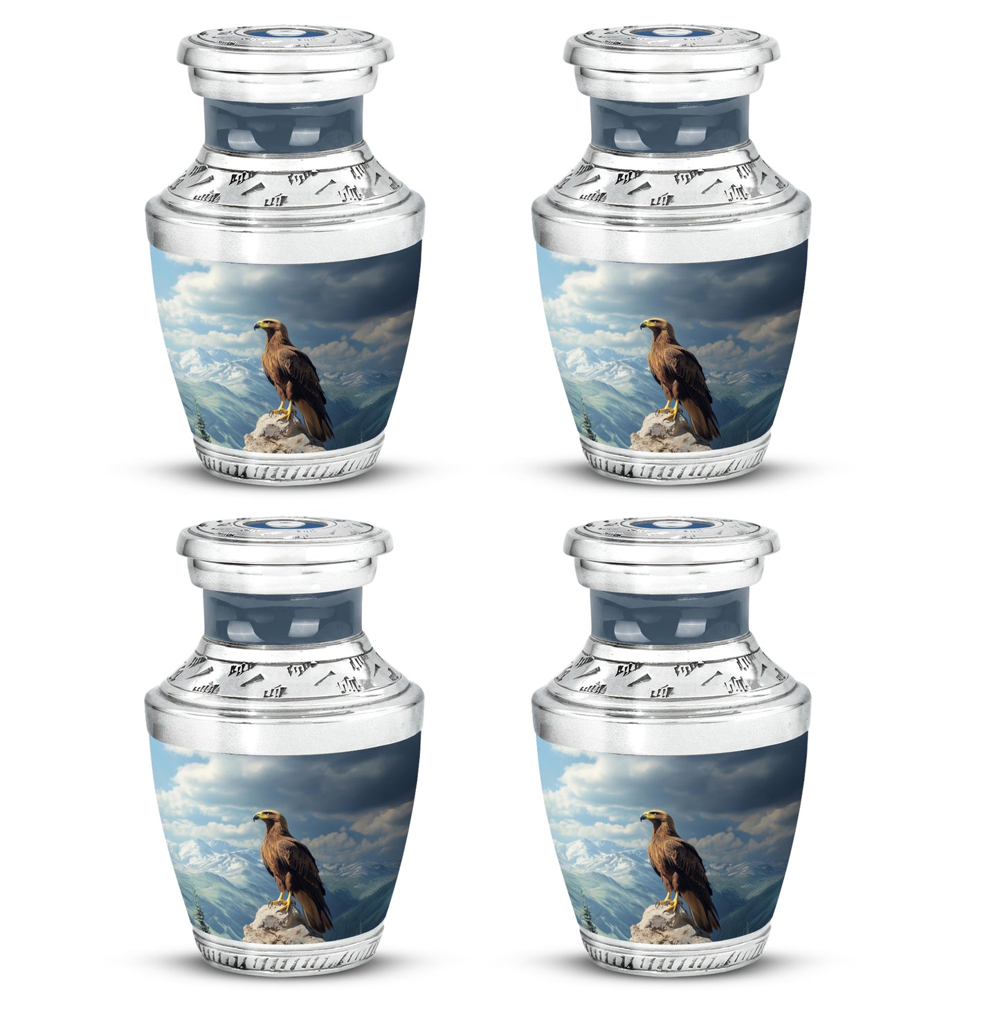 Serene Blue Eagle Cremation Urn back view with polished surface - artistic eagle interpretation with creative detail - 10 inch aluminum urn for cremated remains