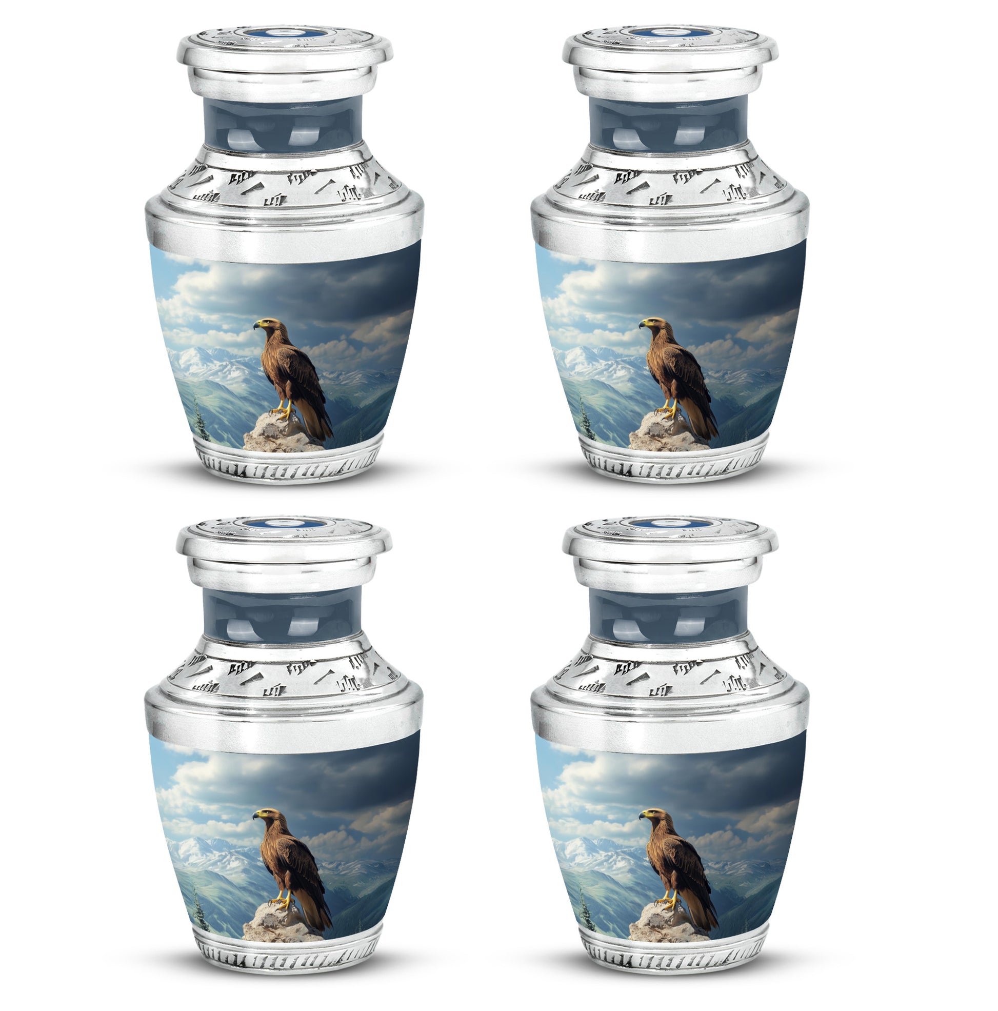 Serene Blue Eagle Cremation Urn back view with polished surface - artistic eagle interpretation with creative detail - 10 inch aluminum urn for cremated remains