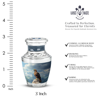 Calming Blue Eagle Cremation Urn top-down view of secure threaded lid - artistic eagle interpretation with creative detail - mini keepsake memorial for portion of cremation ashes