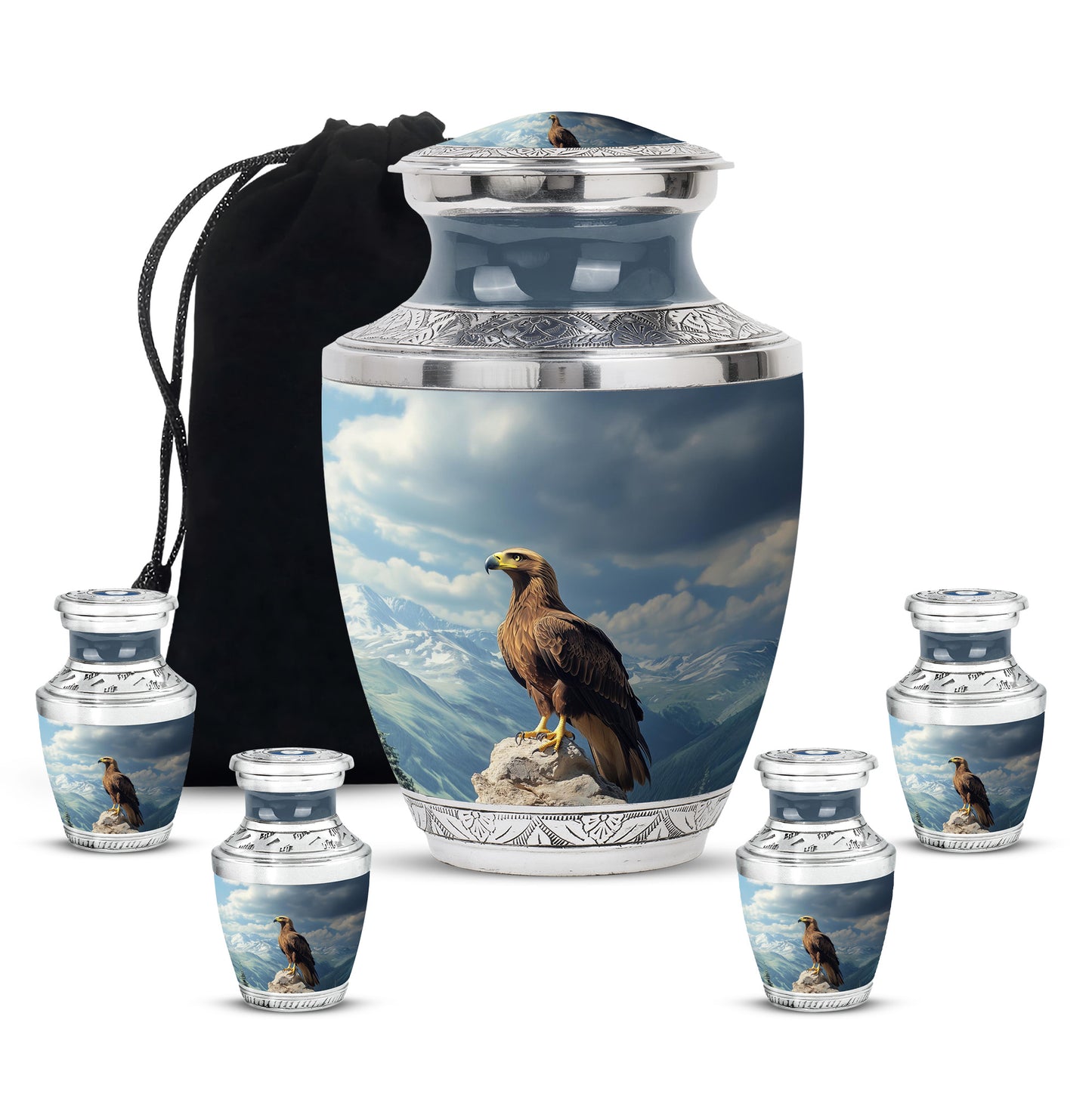 Vivid Blue Eagle Cremation Urn lifestyle display on memorial shelf - artistic eagle interpretation with creative detail - memorial set with one large and four small urns