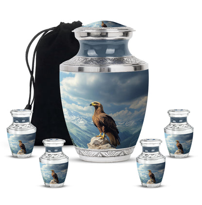 Vivid Blue Eagle Cremation Urn lifestyle display on memorial shelf - artistic eagle interpretation with creative detail - memorial set with one large and four small urns