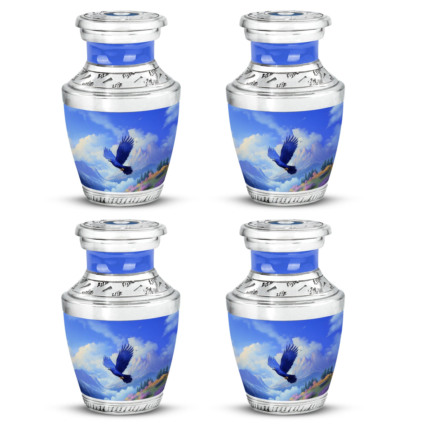 Royal Blue Eagle Cremation Urn back view with polished surface - artistic eagle interpretation with creative detail - 10 inch aluminum urn for cremated remains