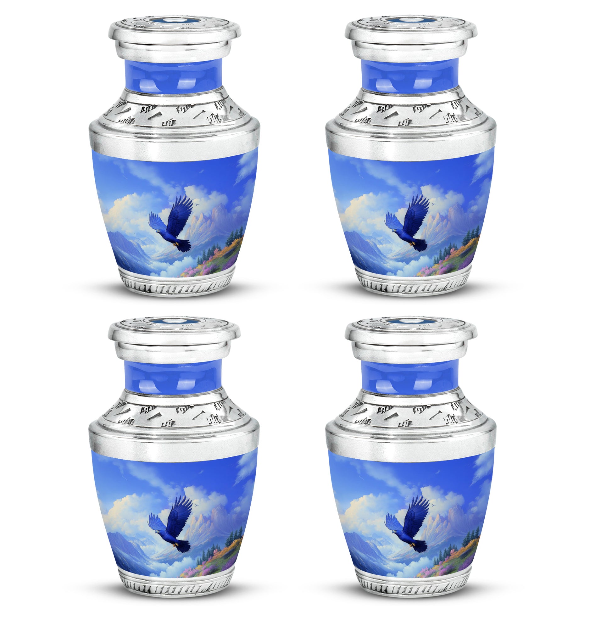 Royal Blue Eagle Cremation Urn back view with polished surface - artistic eagle interpretation with creative detail - 10 inch aluminum urn for cremated remains