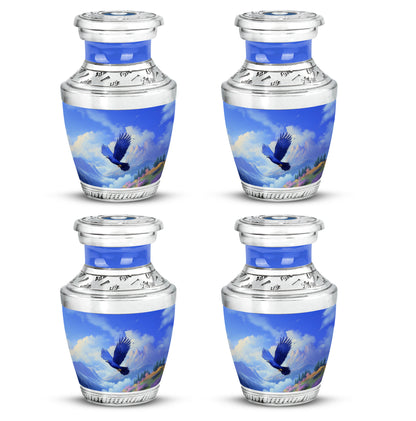 Royal Blue Eagle Cremation Urn back view with polished surface - artistic eagle interpretation with creative detail - 10 inch aluminum urn for cremated remains