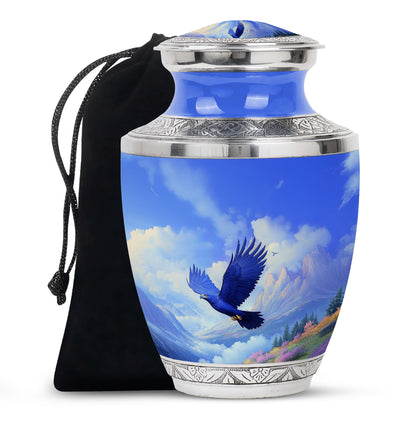 Bright Blue Eagle Cremation Urn side profile showing urn shape - stylized abstract eagle pattern with bold lines - full-size 10 inch 200 cubic inch adult cremation urn