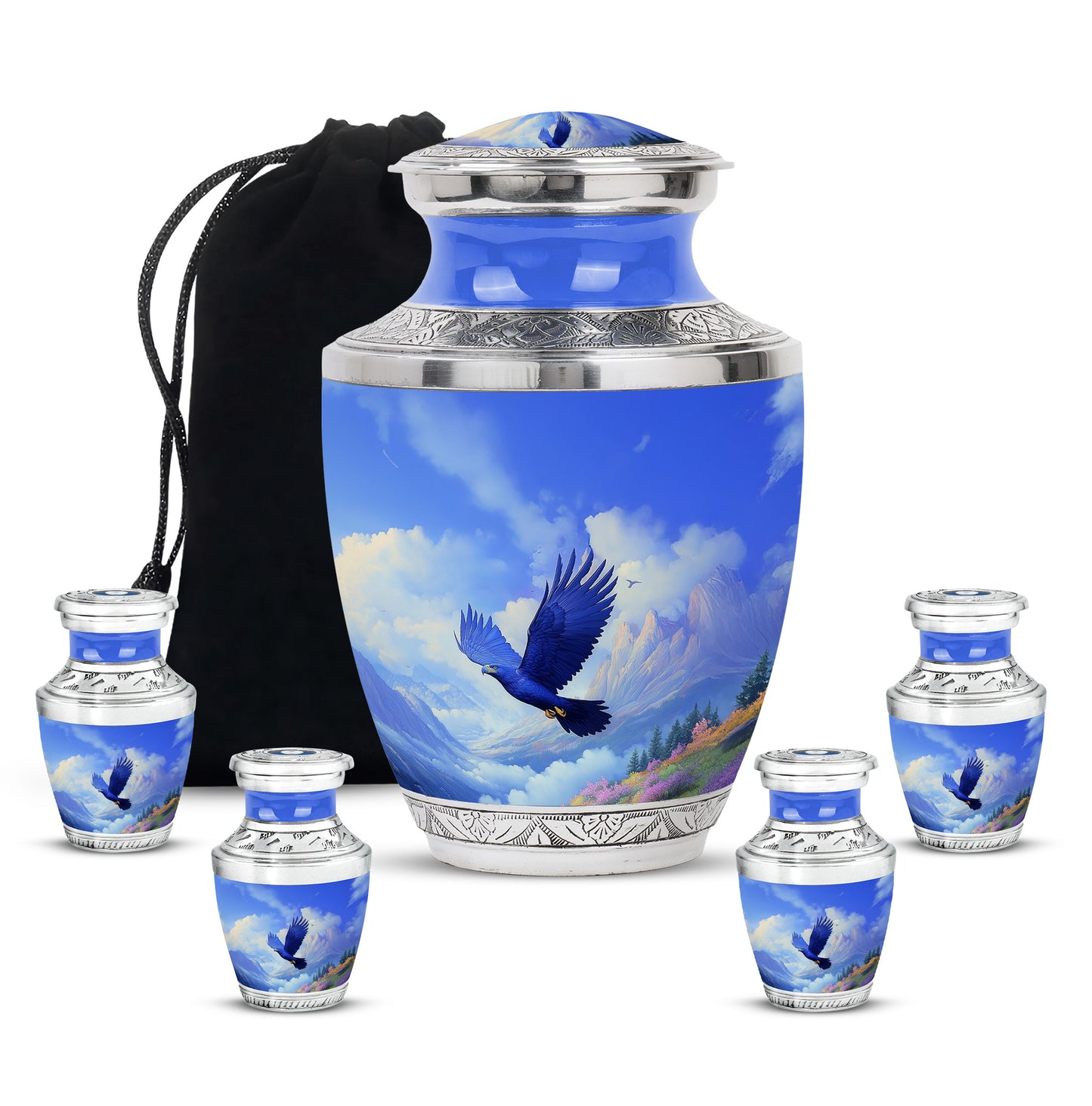 Misty Blue Eagle Cremation Urn lifestyle display on memorial shelf - modern art-inspired eagle motif on sleek aluminum - memorial set with one large and four small urns