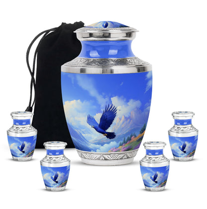 Misty Blue Eagle Cremation Urn lifestyle display on memorial shelf - modern art-inspired eagle motif on sleek aluminum - memorial set with one large and four small urns