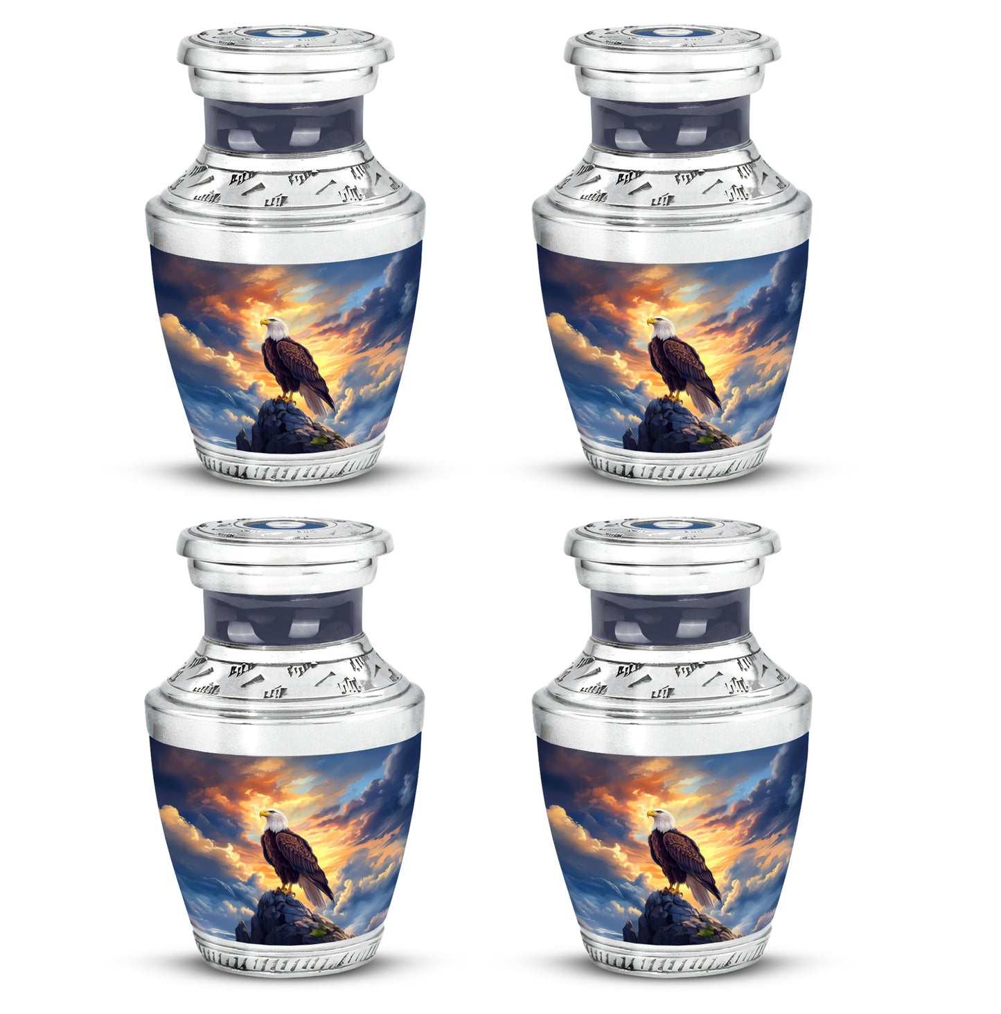 Steel Blue Eagle Cremation Urn back view with polished surface - artistic eagle interpretation with creative detail - 10 inch aluminum urn for cremated remains