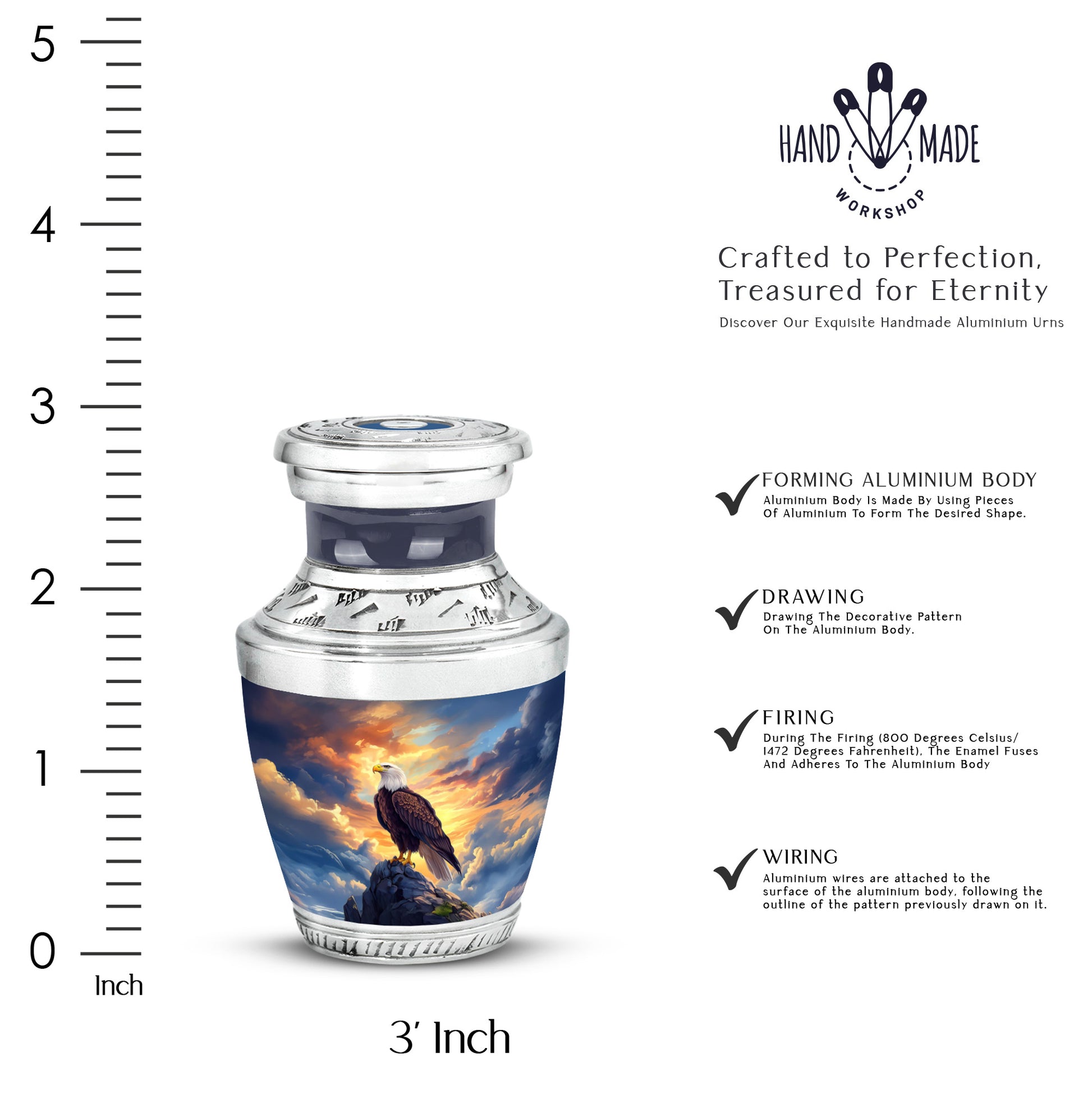 Slate Blue Eagle Cremation Urn top-down view of secure threaded lid - contemporary eagle design with modern artistic flair - mini keepsake memorial for portion of cremation ashes