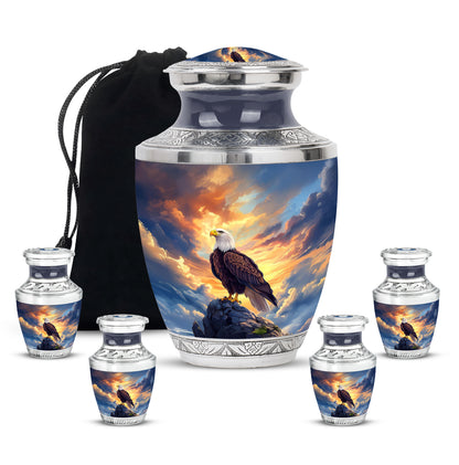 Cornflower Blue Eagle Cremation Urn lifestyle display on memorial shelf - artistic eagle interpretation with creative detail - memorial set with one large and four small urns