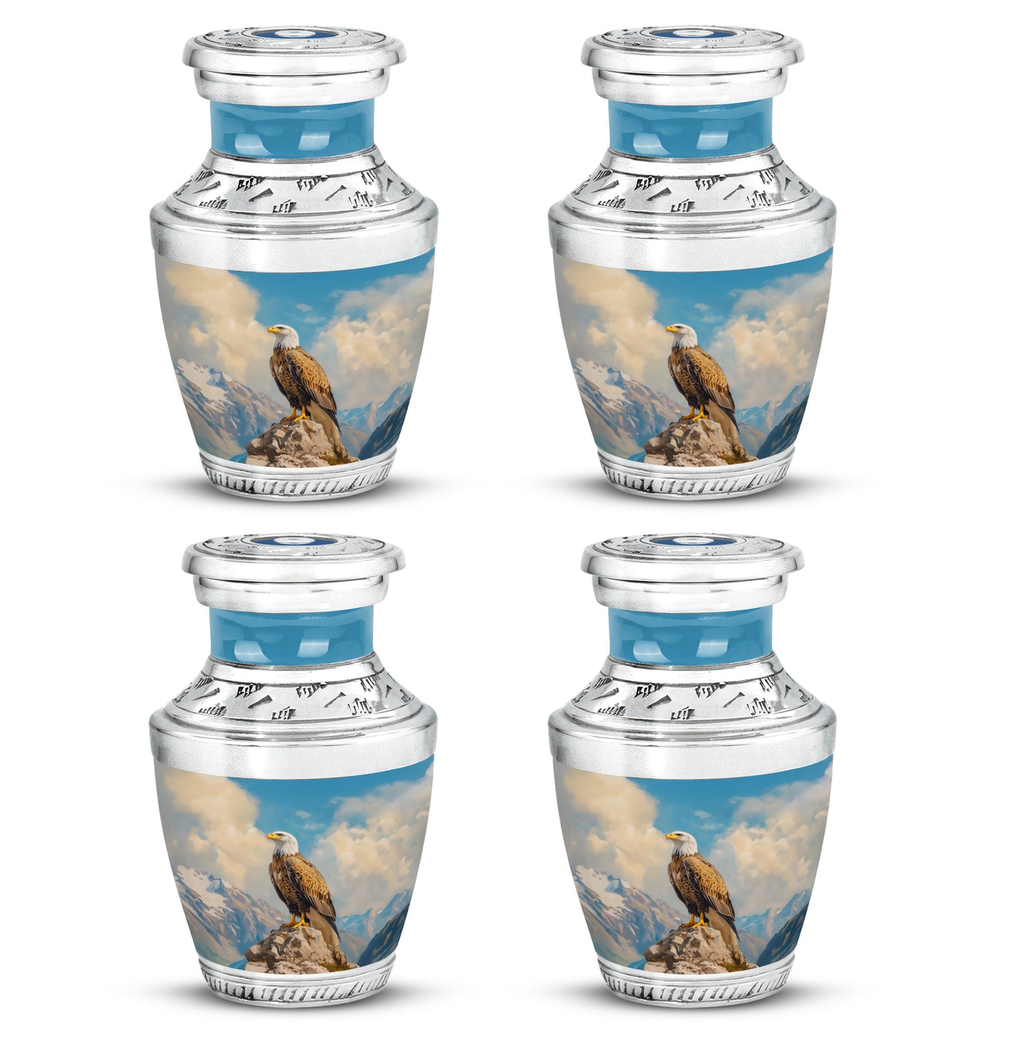 Celestial Blue Eagle Cremation Urn back view with polished surface - contemporary eagle design with modern artistic flair - 10 inch aluminum urn for cremated remains