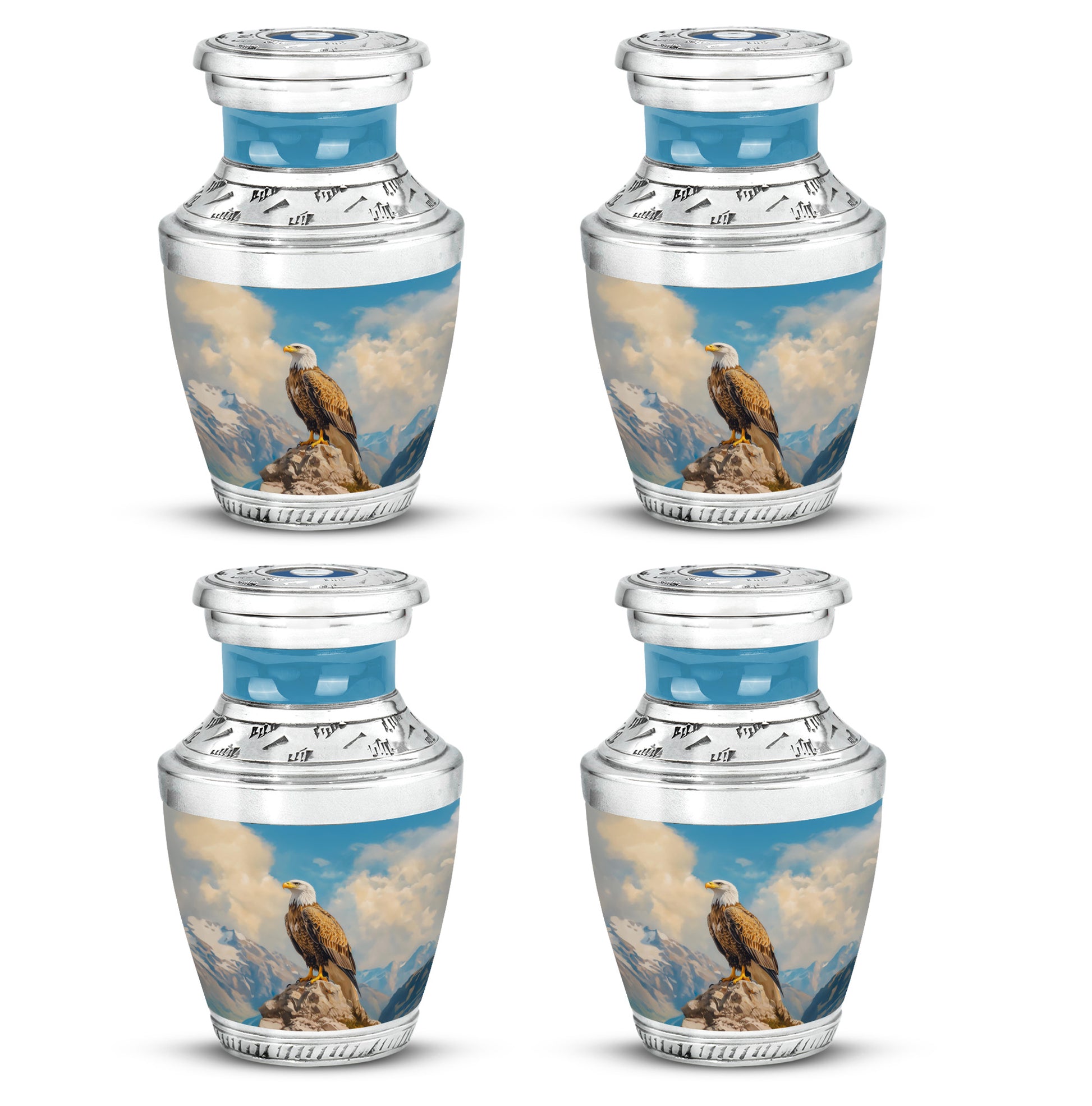 Celestial Blue Eagle Cremation Urn back view with polished surface - contemporary eagle design with modern artistic flair - 10 inch aluminum urn for cremated remains