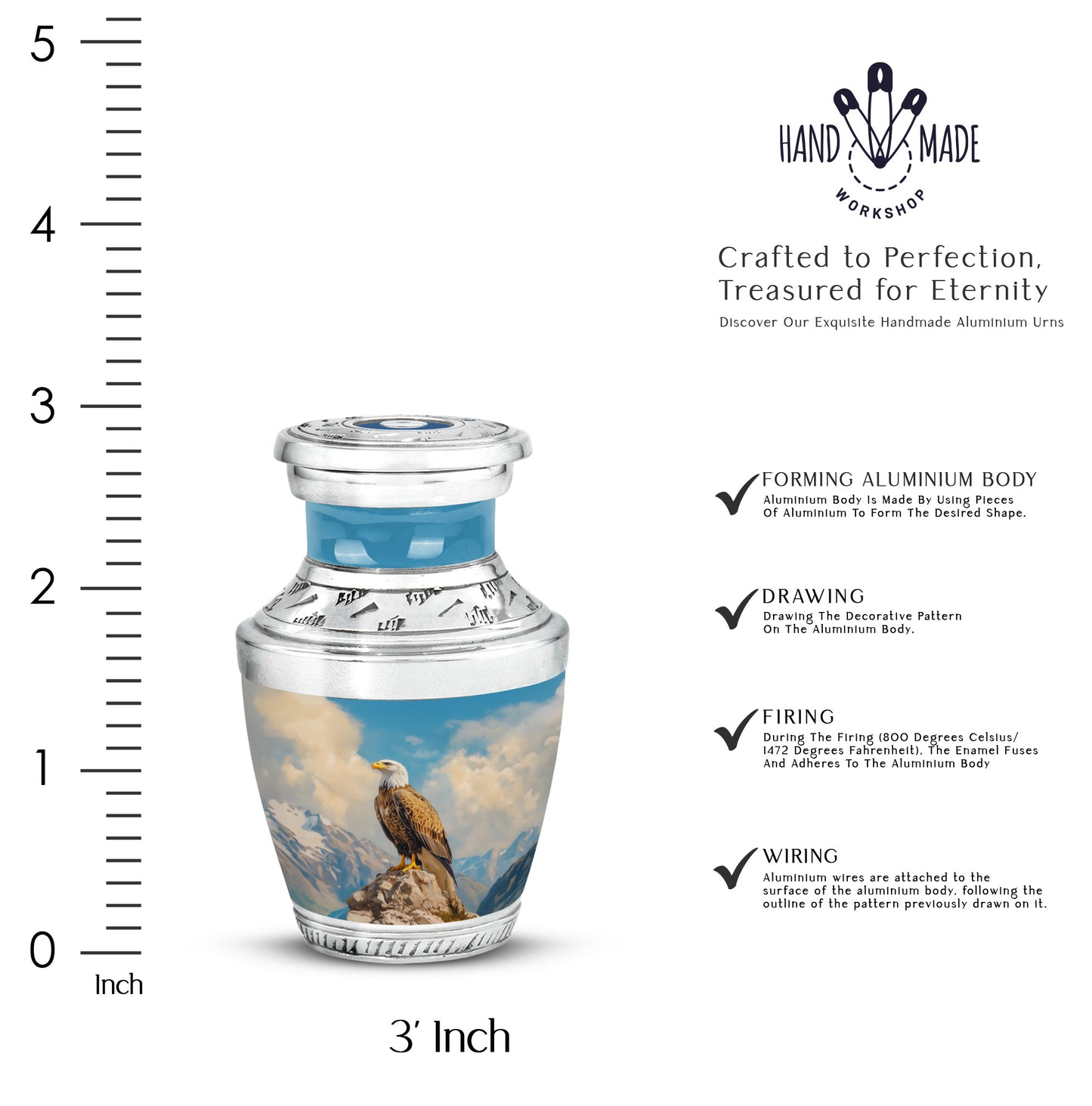 Calming Blue Eagle Cremation Urn top-down view of secure threaded lid - stylized abstract eagle pattern with bold lines - mini keepsake memorial for portion of cremation ashes