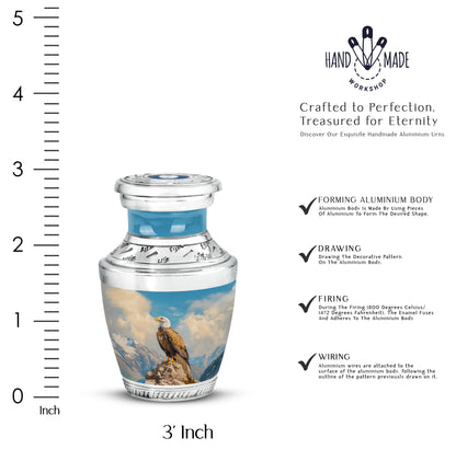 Calming Blue Eagle Cremation Urn top-down view of secure threaded lid - stylized abstract eagle pattern with bold lines - mini keepsake memorial for portion of cremation ashes