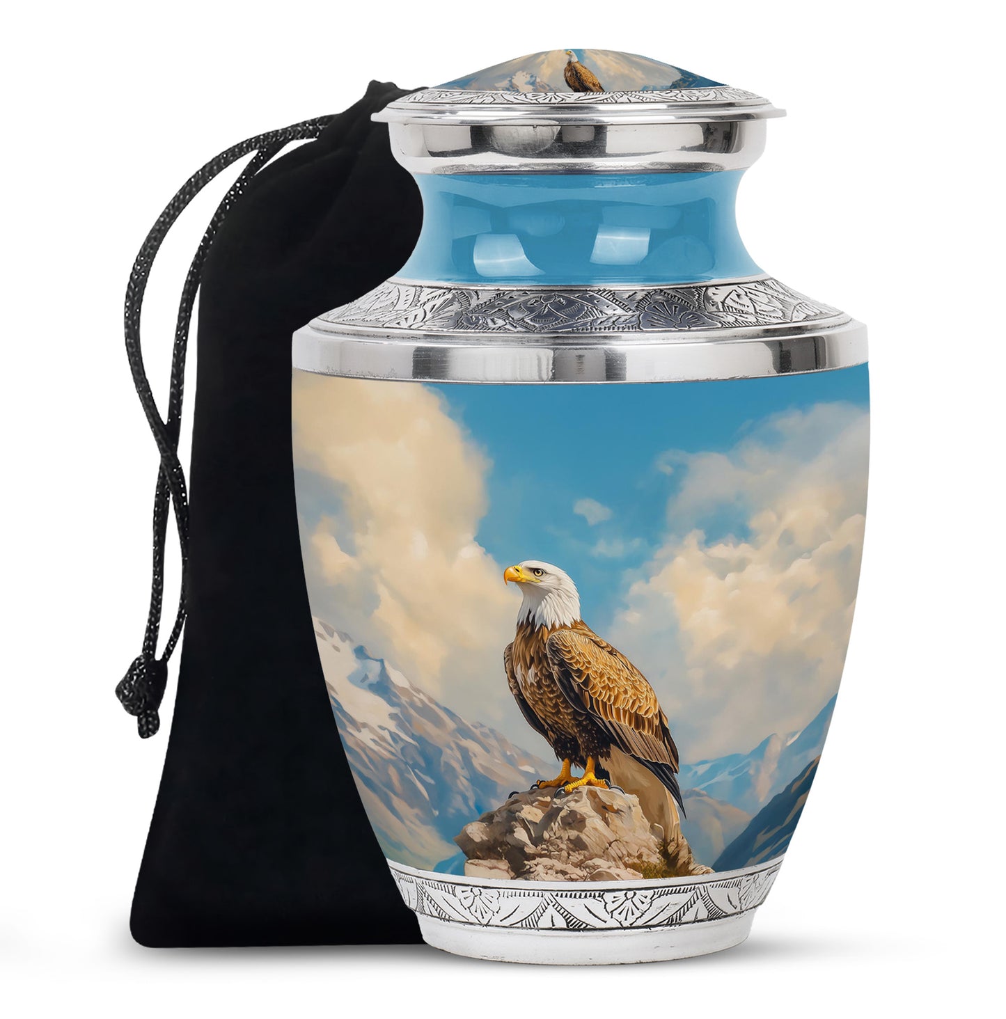 Royal Blue Eagle Cremation Urn side profile showing urn shape - artistic eagle interpretation with creative detail - full-size 10 inch 200 cubic inch adult cremation urn