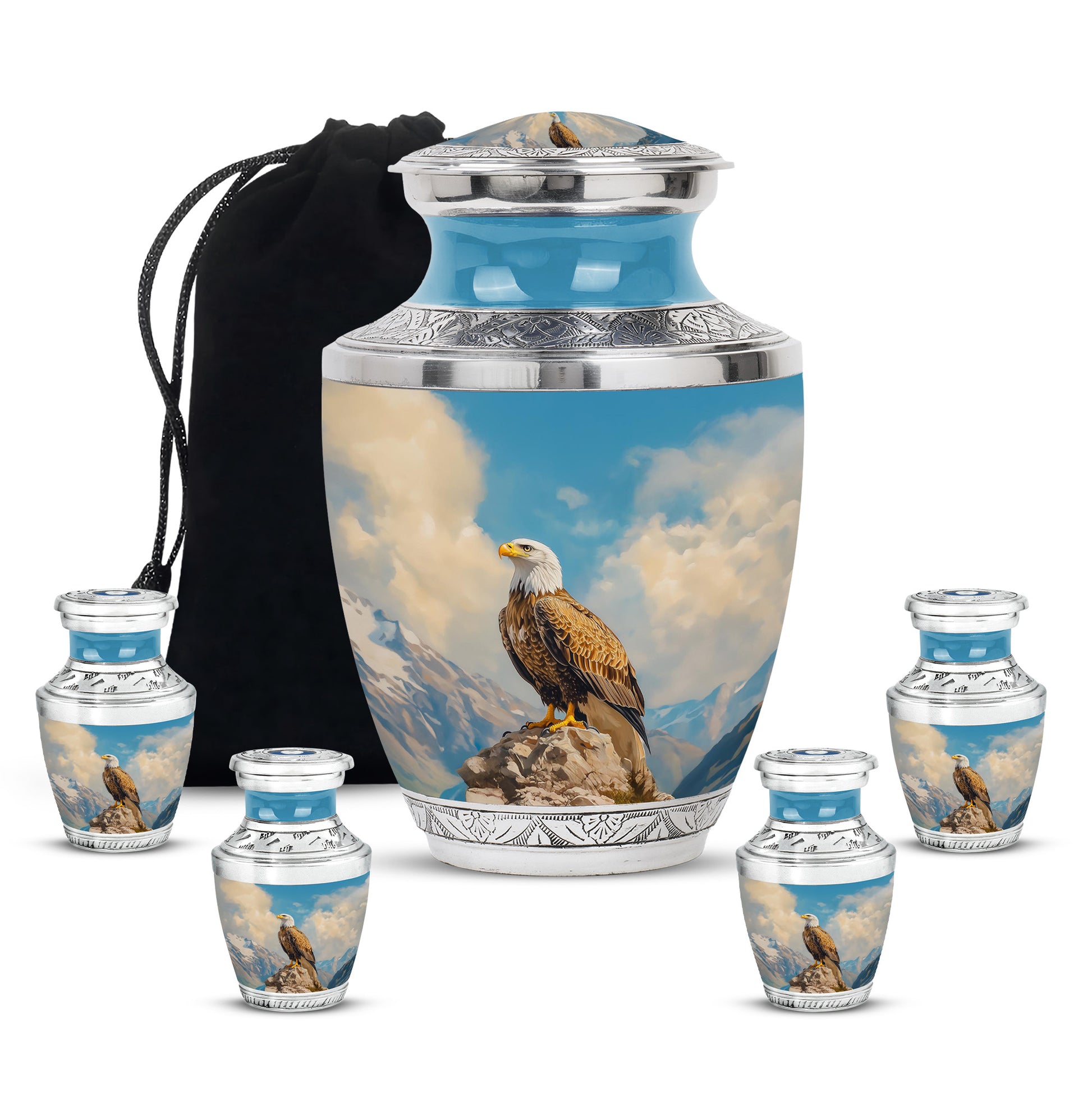 Icy Blue Eagle Cremation Urn lifestyle display on memorial shelf - modern art-inspired eagle motif on sleek aluminum - memorial set with one large and four small urns