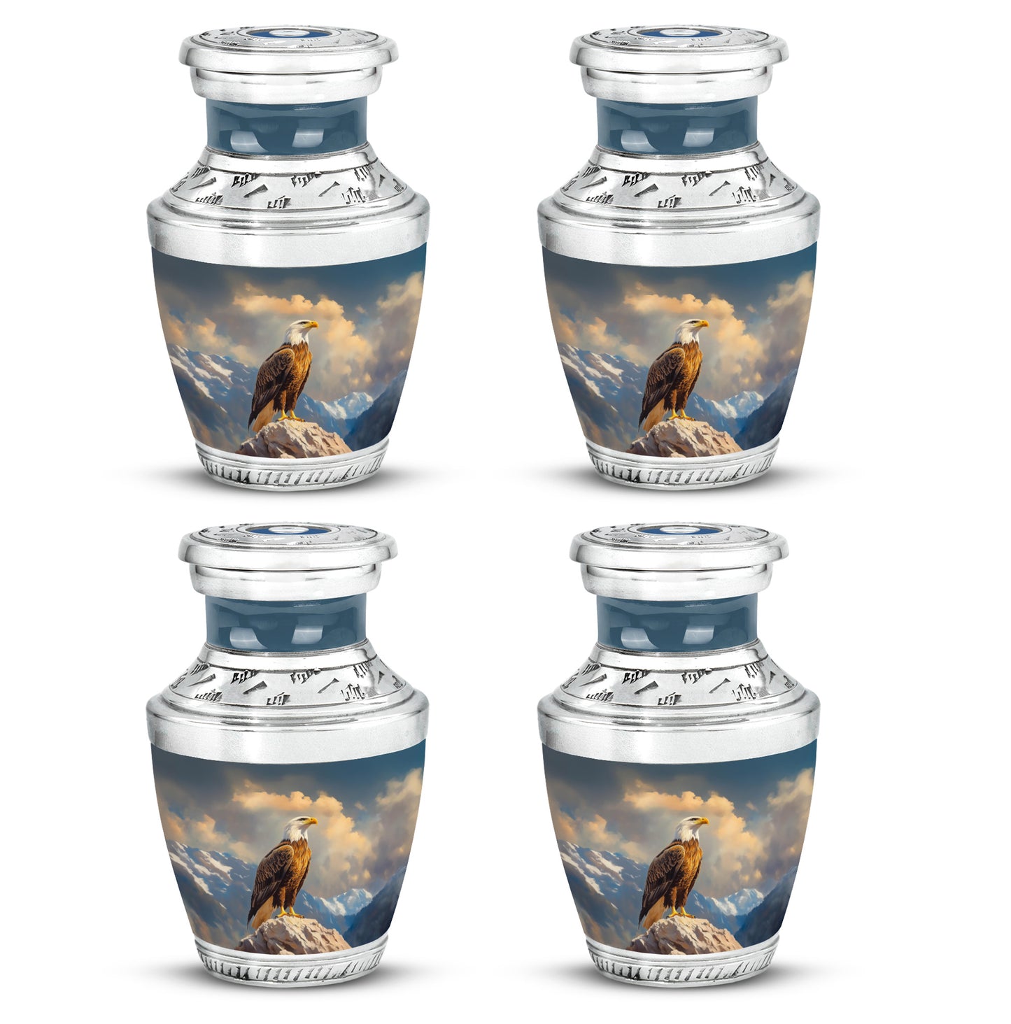 Pastel Blue Eagle Cremation Urn back view with polished surface - contemporary eagle design with modern artistic flair - 10 inch aluminum urn for cremated remains
