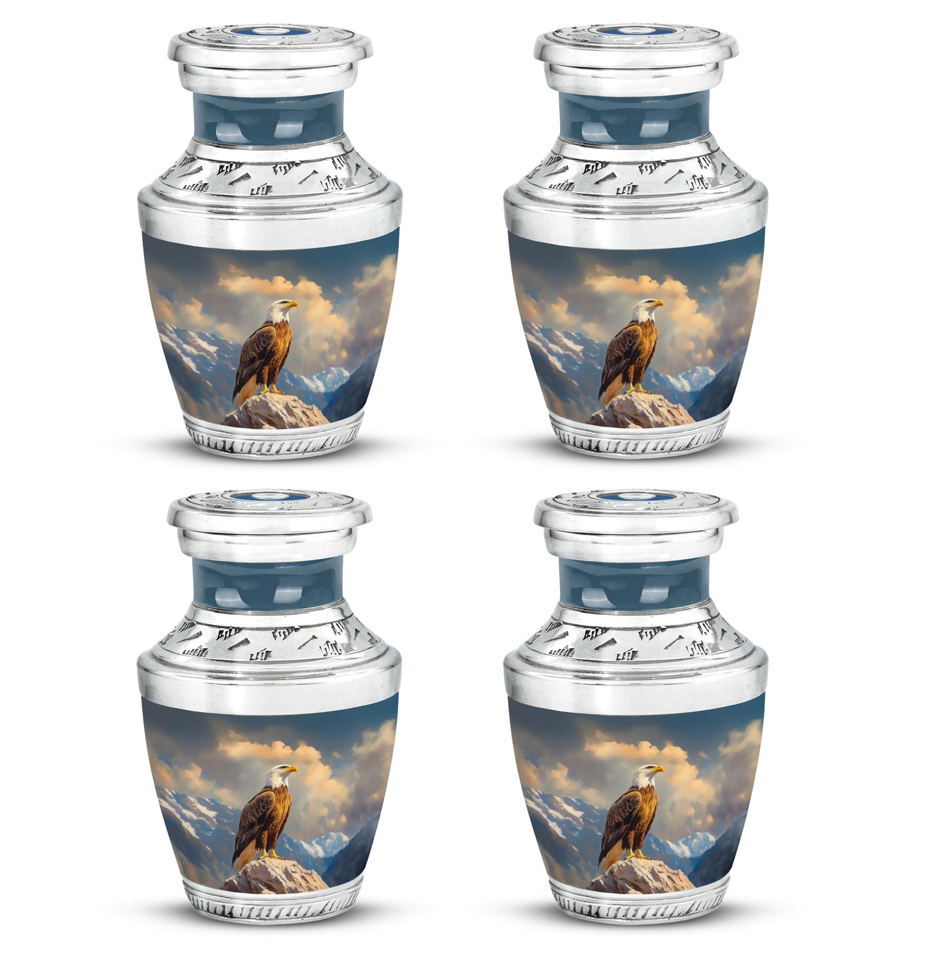 Pastel Blue Eagle Cremation Urn back view with polished surface - contemporary eagle design with modern artistic flair - 10 inch aluminum urn for cremated remains