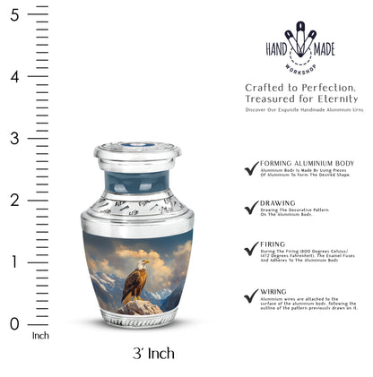 Cornflower Blue Eagle Cremation Urn top-down view of secure threaded lid - stylized abstract eagle pattern with bold lines - mini keepsake memorial for portion of cremation ashes