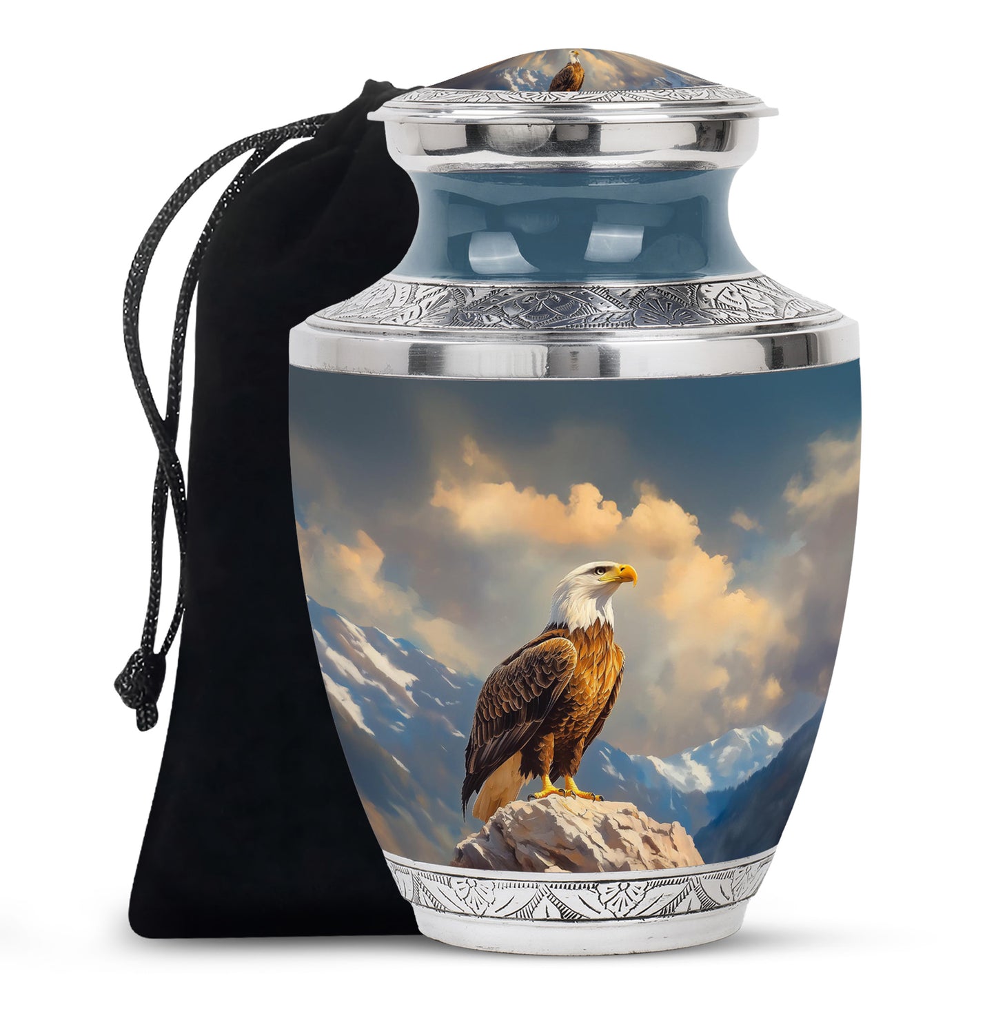 Icy Blue Eagle Cremation Urn side profile showing urn shape - contemporary eagle design with modern artistic flair - full-size 10 inch 200 cubic inch adult cremation urn