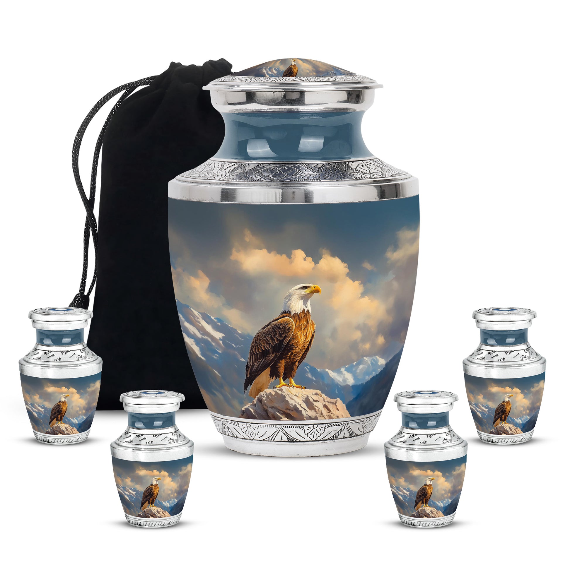 Sky Blue Eagle Cremation Urn lifestyle display on memorial shelf - modern art-inspired eagle motif on sleek aluminum - memorial set with one large and four small urns