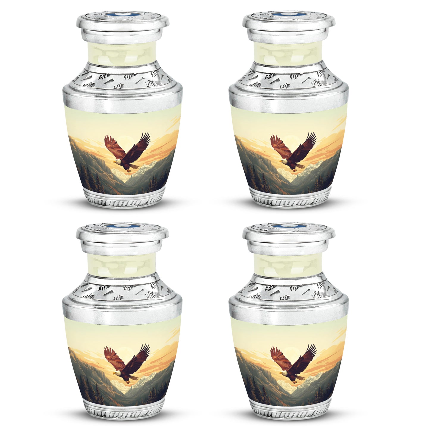 Amber Gold Eagle Cremation Urn back view with polished surface - modern art-inspired eagle motif on sleek aluminum - 10 inch aluminum urn for cremated remains