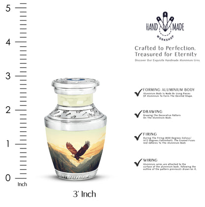 Champagne Gold Eagle Cremation Urn top-down view of secure threaded lid - modern art-inspired eagle motif on sleek aluminum - mini keepsake memorial for portion of cremation ashes