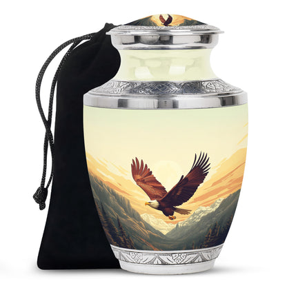 Harvest Gold Eagle Cremation Urn side profile showing urn shape - stylized abstract eagle pattern with bold lines - full-size 10 inch 200 cubic inch adult cremation urn