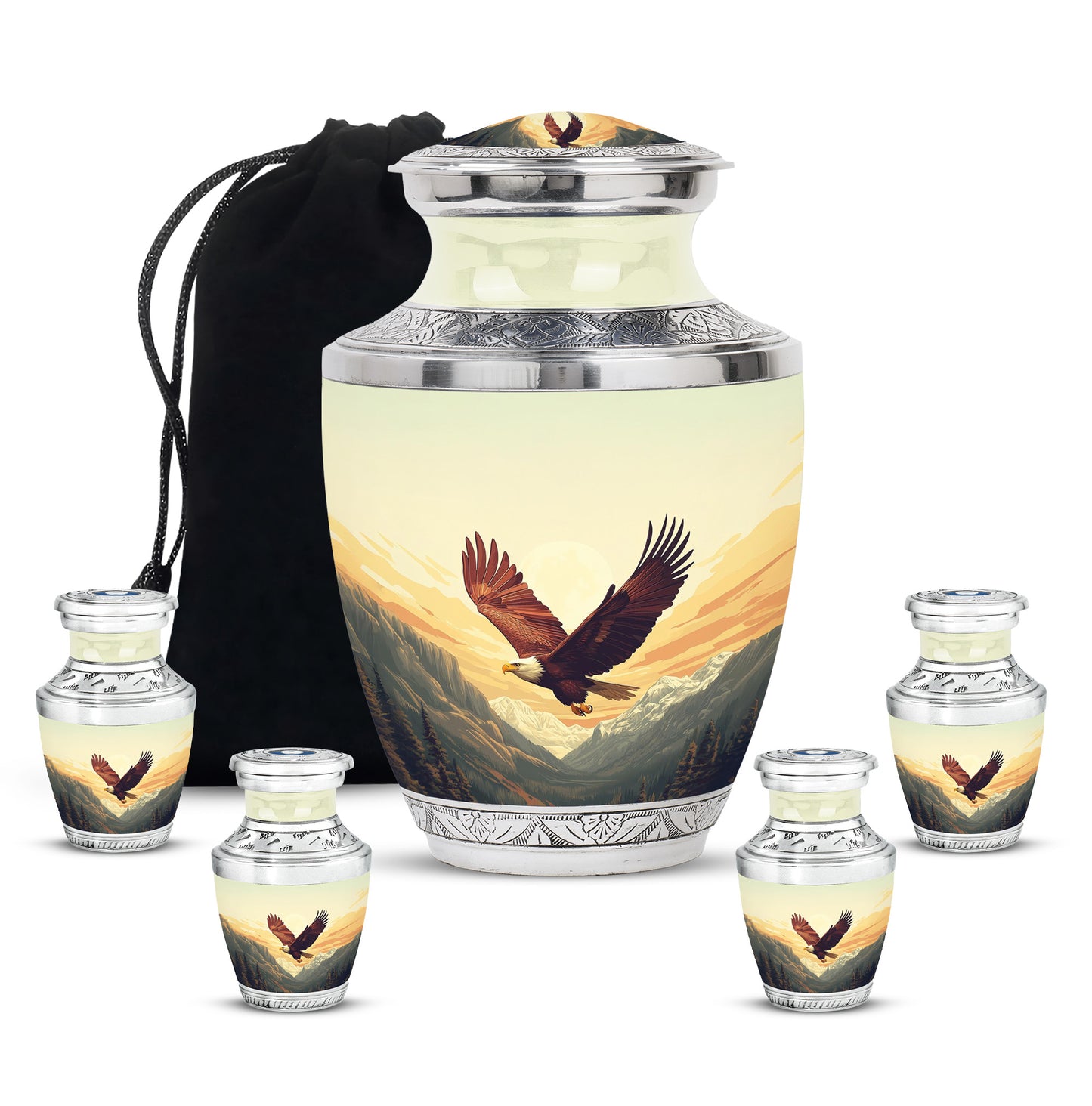 Burnished Gold Eagle Cremation Urn lifestyle display on memorial shelf - stylized abstract eagle pattern with bold lines - memorial set with one large and four small urns