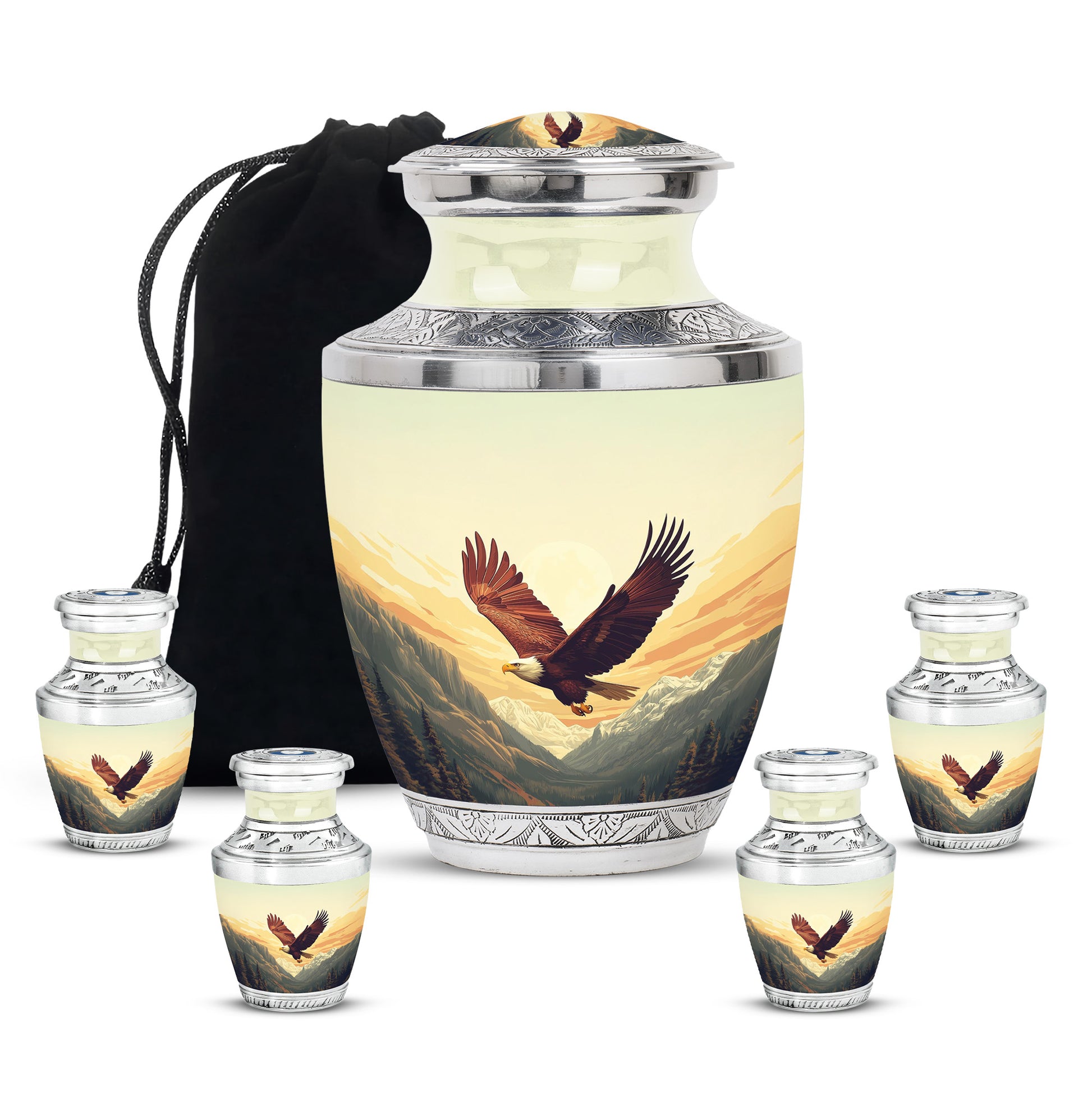 Burnished Gold Eagle Cremation Urn lifestyle display on memorial shelf - stylized abstract eagle pattern with bold lines - memorial set with one large and four small urns