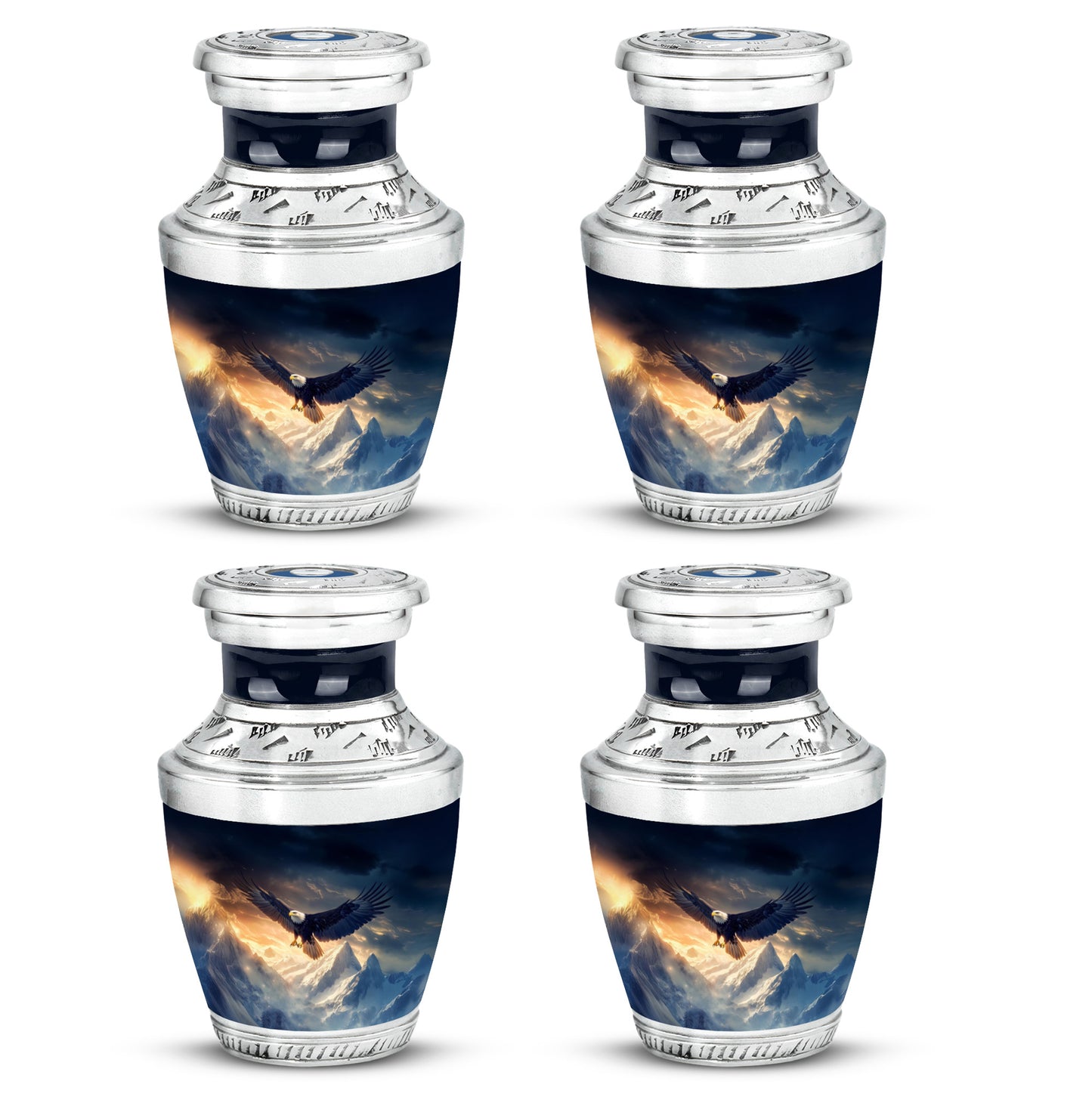Misty Blue Eagle Cremation Urn back view with polished surface - contemporary eagle design with modern artistic flair - 10 inch aluminum urn for cremated remains
