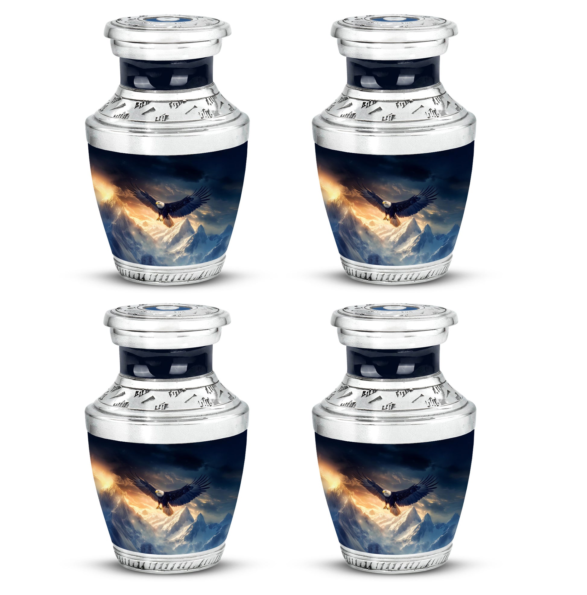Misty Blue Eagle Cremation Urn back view with polished surface - contemporary eagle design with modern artistic flair - 10 inch aluminum urn for cremated remains