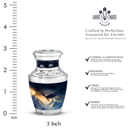 Bright Blue Eagle Cremation Urn top-down view of secure threaded lid - stylized abstract eagle pattern with bold lines - mini keepsake memorial for portion of cremation ashes