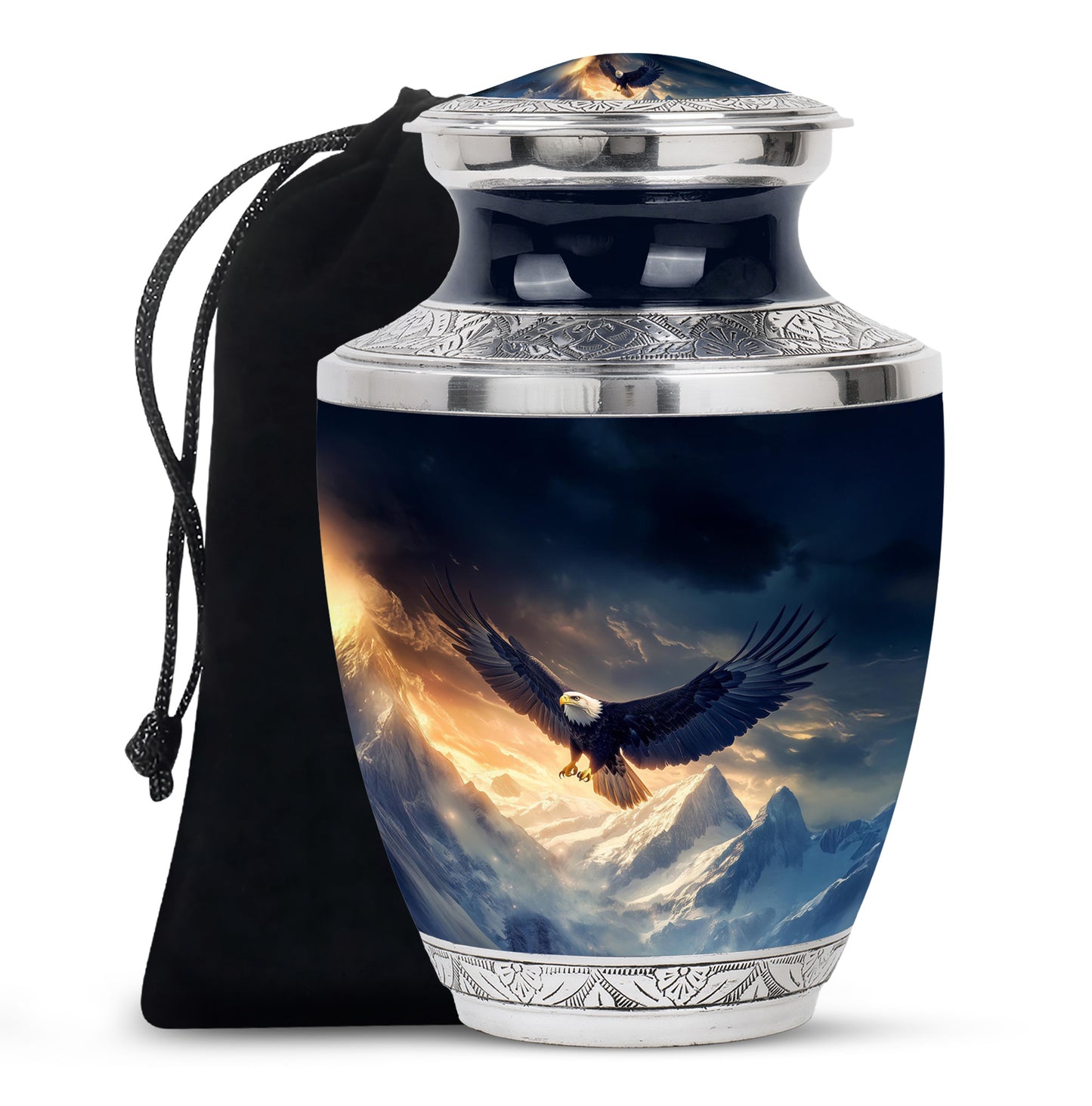 Sky Blue Eagle Cremation Urn side profile showing urn shape - contemporary eagle design with modern artistic flair - full-size 10 inch 200 cubic inch adult cremation urn