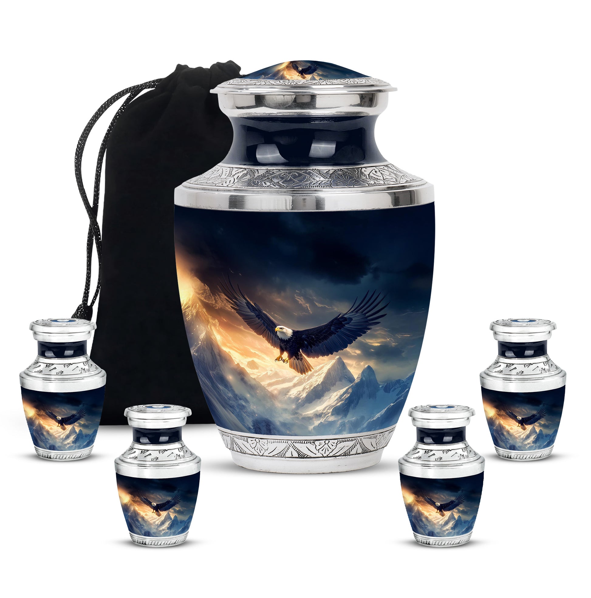 Soft Blue Eagle Cremation Urn lifestyle display on memorial shelf - stylized abstract eagle pattern with bold lines - memorial set with one large and four small urns