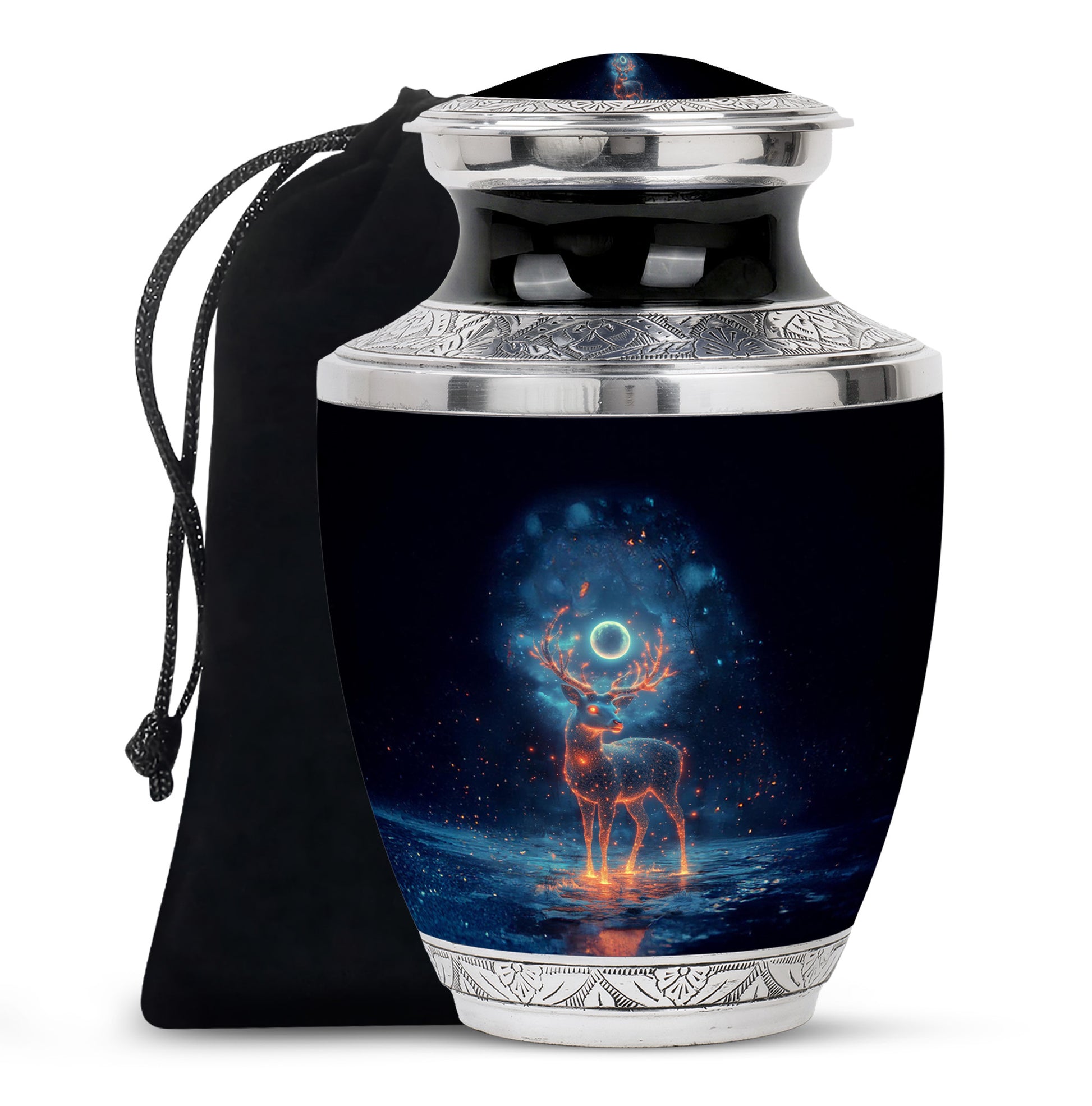 Dark Black Deer Cremation Urn side profile showing urn shape - artistic deer interpretation with creative detail - full-size 10 inch 200 cubic inch adult cremation urn