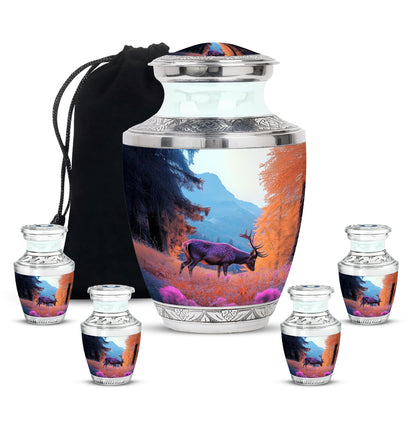 Slate Blue Deer Cremation Urn lifestyle display on memorial shelf - modern art-inspired deer motif on sleek aluminum - memorial set with one large and four small urns
