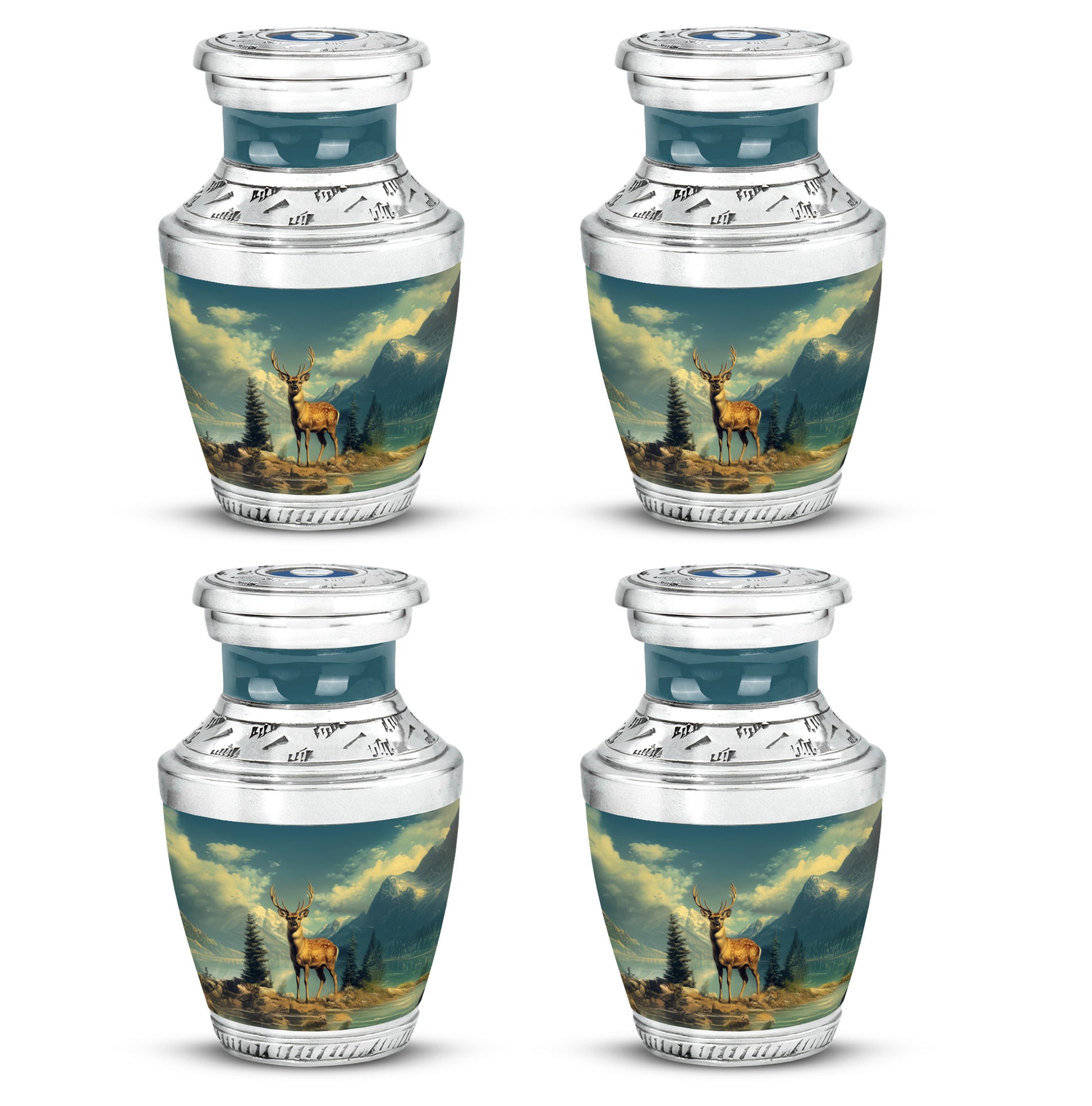 Aqua Teal Deer Cremation Urn back view with polished surface - artistic deer interpretation with creative detail - 10 inch aluminum urn for cremated remains