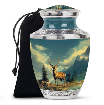 Cool Teal Deer Cremation Urn side profile showing urn shape - contemporary deer design with modern artistic flair - full-size 10 inch 200 cubic inch adult cremation urn