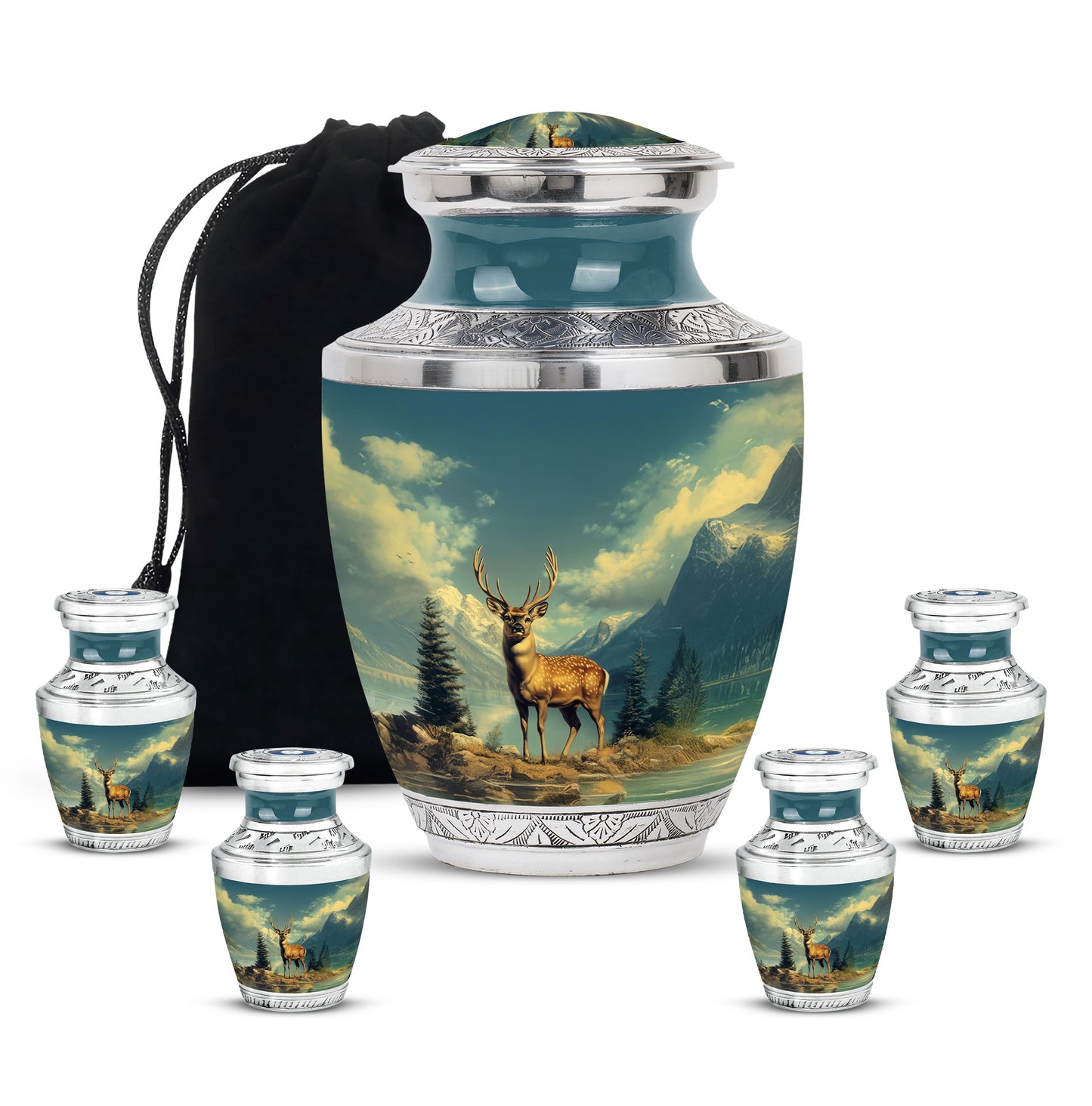 Mystic Teal Deer Cremation Urn lifestyle display on memorial shelf - stylized abstract deer pattern with bold lines - memorial set with one large and four small urns