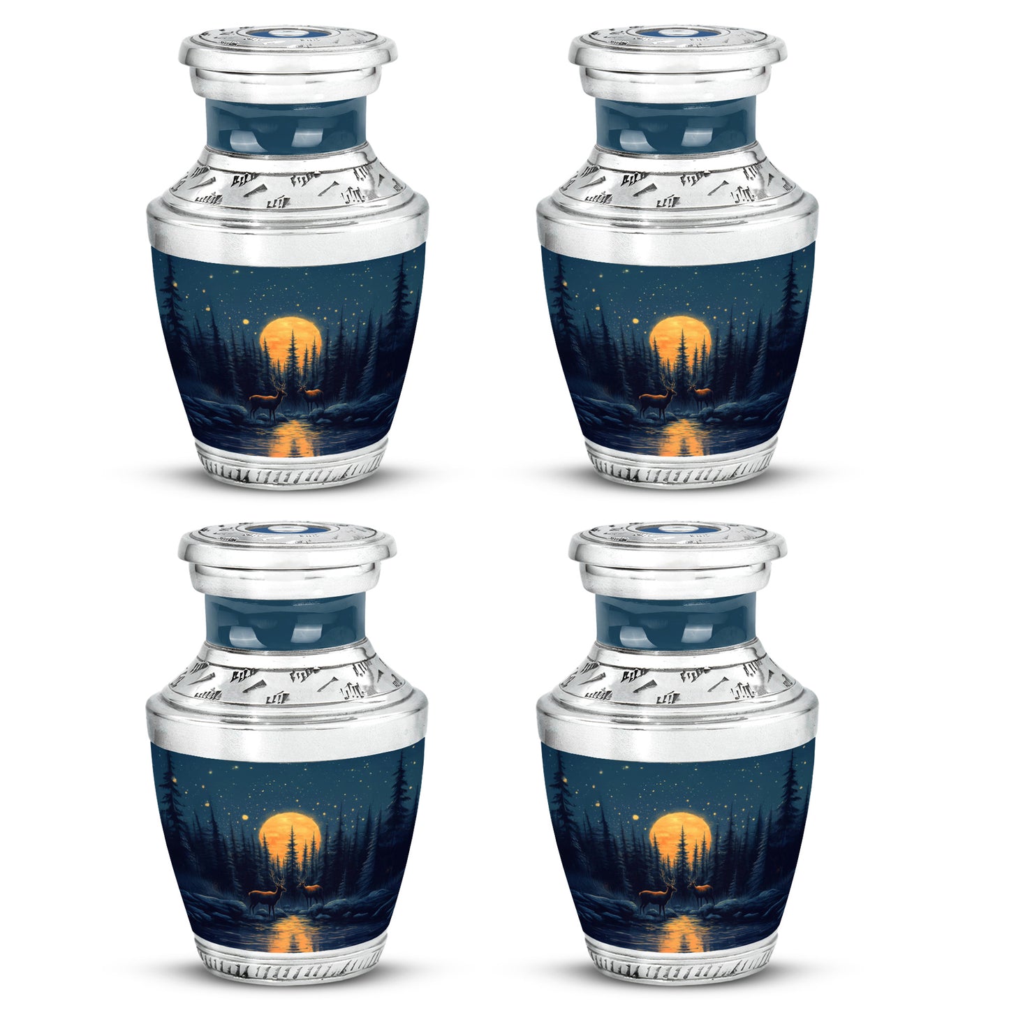 Navy Blue Deer Cremation Urn back view with polished surface - contemporary deer design with modern artistic flair - 10 inch aluminum urn for cremated remains